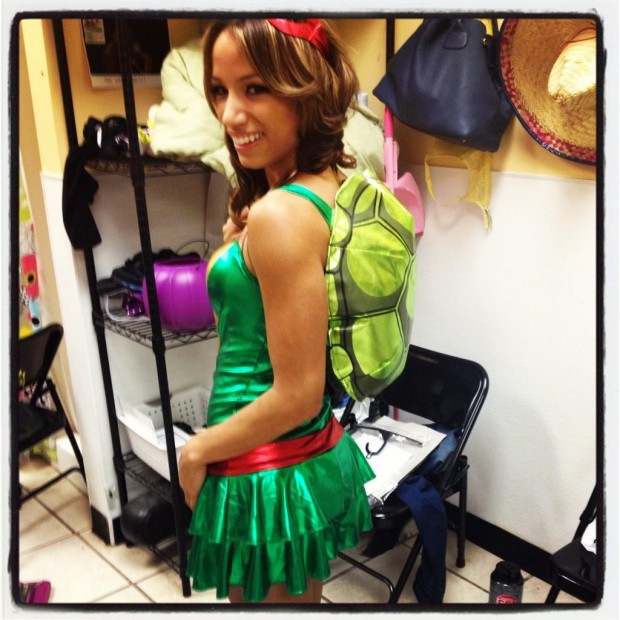 Sasha Banks ninja turtle dress and shell backpack